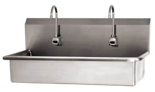 SANI-LAV - 37" Long x 16-1/2" Wide Inside, 1 Compartment, Grade 304 Stainless Steel (2) Person Wash-Station with Electronic Faucet - 16 Gauge, 40" Long x 20" Wide x 18" High Outside, 8" Deep - Americas Tooling