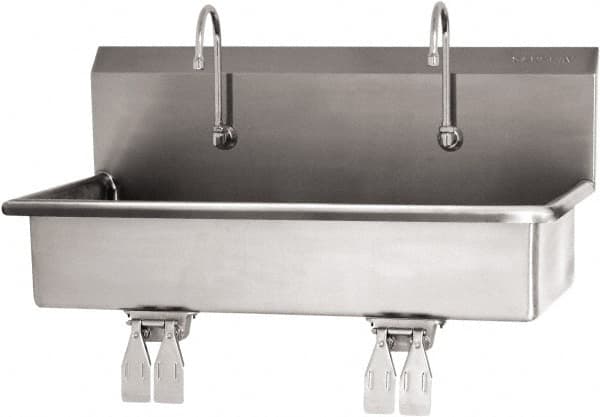 SANI-LAV - 37" Long x 16-1/2" Wide Inside, 1 Compartment, Grade 304 Stainless Steel (2) Person Wash-Station with Double Foot Valves - 16 Gauge, 40" Long x 20" Wide x 18" High Outside, 8" Deep - Americas Tooling