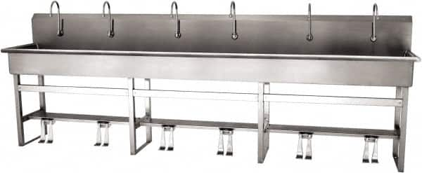 SANI-LAV - 117" Long x 16-1/2" Wide Inside, 1 Compartment, Grade 304 Stainless Steel (6) Person Wash-Station with Double Foot Valves - 16 Gauge, 120" Long x 20" Wide x 45" High Outside, 8" Deep - Americas Tooling