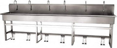 SANI-LAV - 117" Long x 16-1/2" Wide Inside, 1 Compartment, Grade 304 Stainless Steel (6) Person Wash-Station with Double Foot Valves - 16 Gauge, 120" Long x 20" Wide x 45" High Outside, 8" Deep - Americas Tooling