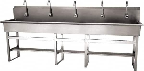 SANI-LAV - 97" Long x 16-1/2" Wide Inside, 1 Compartment, Grade 304 Stainless Steel (5) Person Wash-Station with Electronic Faucet - 16 Gauge, 100" Long x 20" Wide x 45" High Outside, 8" Deep - Americas Tooling