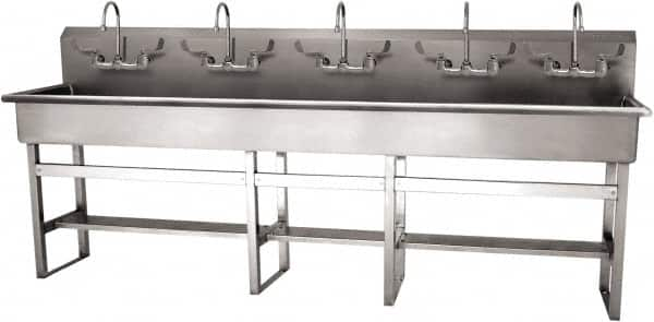 SANI-LAV - 97" Long x 16-1/2" Wide Inside, 1 Compartment, Grade 304 Stainless Steel (5) Person Wash-Station with Manual Faucet - 16 Gauge, 100" Long x 20" Wide x 45" High Outside, 8" Deep - Americas Tooling