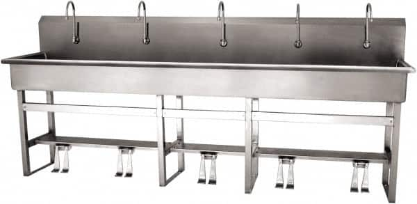 SANI-LAV - 97" Long x 16-1/2" Wide Inside, 1 Compartment, Grade 304 Stainless Steel (5) Person Wash-Station with Double Foot Valves - 16 Gauge, 100" Long x 20" Wide x 45" High Outside, 8" Deep - Americas Tooling