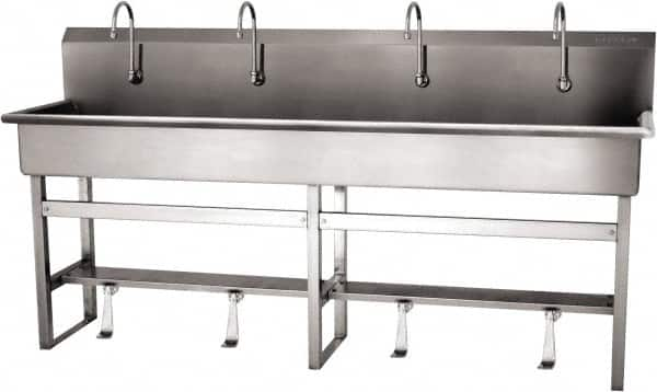 SANI-LAV - 77" Long x 16-1/2" Wide Inside, 1 Compartment, Grade 304 Stainless Steel (5) Person Wash-Station with Single Foot Valves - 16 Gauge, 80" Long x 20" Wide x 45" High Outside, 8" Deep - Americas Tooling