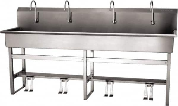 SANI-LAV - 77" Long x 16-1/2" Wide Inside, 1 Compartment, Grade 304 Stainless Steel (5) Person Wash-Station with Double Foot Valves - 16 Gauge, 80" Long x 20" Wide x 45" High Outside, 8" Deep - Americas Tooling