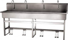 SANI-LAV - 77" Long x 16-1/2" Wide Inside, 1 Compartment, Grade 304 Stainless Steel (5) Person Wash-Station with Double Foot Valves - 16 Gauge, 80" Long x 20" Wide x 45" High Outside, 8" Deep - Americas Tooling