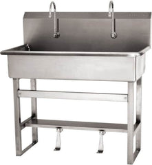 SANI-LAV - 37" Long x 16-1/2" Wide Inside, 1 Compartment, Grade 304 Stainless Steel (3) Person Wash-Station with Single Foot Valves - 16 Gauge, 40" Long x 20" Wide x 45" High Outside, 8" Deep - Americas Tooling