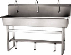 SANI-LAV - 57" Long x 16-1/2" Wide Inside, 1 Compartment, Grade 304 Stainless Steel (4) Person Wash-Station with Single Foot Valves - 16 Gauge, 60" Long x 20" Wide x 45" High Outside, 8" Deep - Americas Tooling