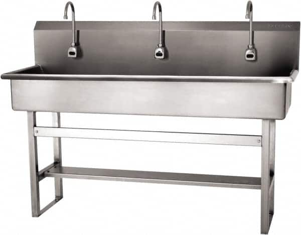 SANI-LAV - 57" Long x 16-1/2" Wide Inside, 1 Compartment, Grade 304 Stainless Steel (4) Person Wash-Station with Electronic Faucet - 16 Gauge, 60" Long x 20" Wide x 45" High Outside, 8" Deep - Americas Tooling