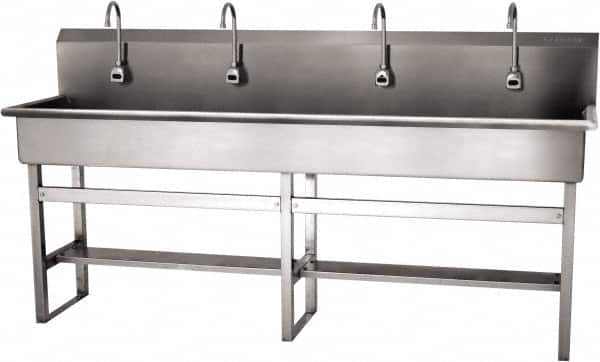 SANI-LAV - 77" Long x 16-1/2" Wide Inside, 1 Compartment, Grade 304 Stainless Steel (4) Person Wash-Station with Electronic Faucet - 16 Gauge, 80" Long x 20" Wide x 45" High Outside, 8" Deep - Americas Tooling