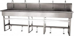 SANI-LAV - 97" Long x 16-1/2" Wide Inside, 1 Compartment, Grade 304 Stainless Steel (5) Person Wash-Station with Single Foot Valves - 16 Gauge, 100" Long x 20" Wide x 45" High Outside, 8" Deep - Americas Tooling