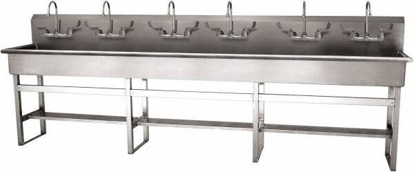 SANI-LAV - 117" Long x 16-1/2" Wide Inside, 1 Compartment, Grade 304 Stainless Steel (6) Person Wash-Station with Manual Faucet - 16 Gauge, 120" Long x 20" Wide x 45" High Outside, 8" Deep - Americas Tooling