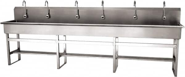 SANI-LAV - 117" Long x 16-1/2" Wide Inside, 1 Compartment, Grade 304 Stainless Steel (6) Person Wash-Station with Electronic Faucet - 16 Gauge, 120" Long x 20" Wide x 45" High Outside, 8" Deep - Americas Tooling