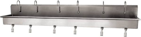 SANI-LAV - 117" Long x 16-1/2" Wide Inside, 1 Compartment, Grade 304 Stainless Steel (6) Person Wash-Station with Single Foot Valves - 16 Gauge, 120" Long x 20" Wide x 18" High Outside, 8" Deep - Americas Tooling