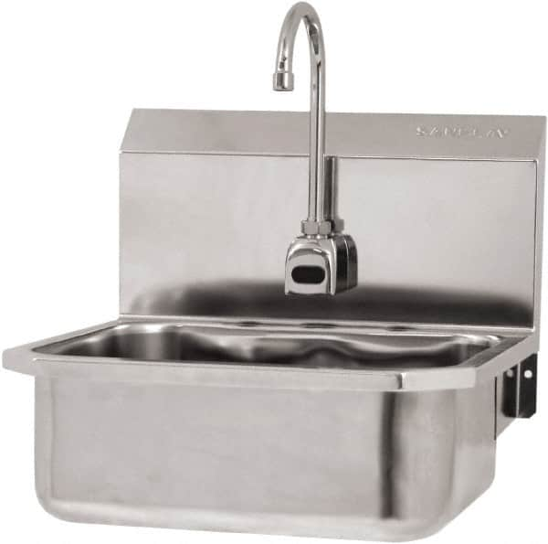 SANI-LAV - 17" Long x 14" Wide Inside, 1 Compartment, Grade 304 Stainless Steel Hand Sink Wall Mount with Electronic Faucet - 18 Gauge, 19" Long x 18" Wide x 21" High Outside, 7" Deep - Americas Tooling