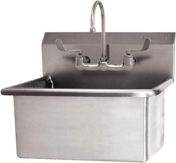 SANI-LAV - 28" Long x 16" Wide Inside, 1 Compartment, Grade 304 Stainless Steel Hand Sink Wall Mount with Manual Faucet - 16 Gauge, 31" Long x 19-1/2" Wide x 24" High Outside, 10-1/2" Deep - Americas Tooling