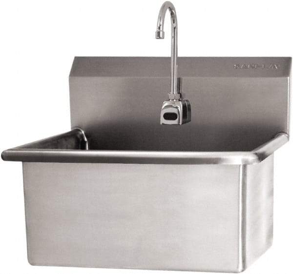 SANI-LAV - 28" Long x 16" Wide Inside, 1 Compartment, Grade 304 Stainless Steel Scrub Sink Wall Mount with Electronic Faucet - 16 Gauge, 31" Long x 19-1/2" Wide x 24" High Outside, 10-1/2" Deep - Americas Tooling