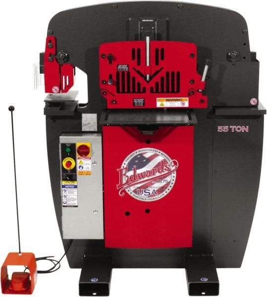 Edwards Manufacturing - 7-1/2" Throat Depth, 55 Ton Punch Pressure, 1-1/16" in 5/8" Punch Capacity Ironworker - 5 hp, 3 Phase, 230 Volts, 44-3/8" Wide x 55-1/4" High x 36-1/8" Deep - Americas Tooling