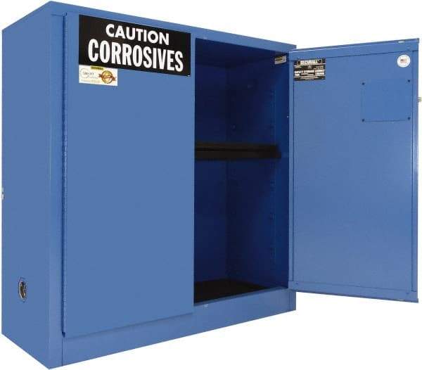 Securall Cabinets - 2 Door, 1 Shelf, Blue Steel Standard Safety Cabinet for Corrosive Chemicals - 44" High x 43" Wide x 18" Deep, Manual Closing Door, 3 Point Key Lock, 30 Gal Capacity - Americas Tooling