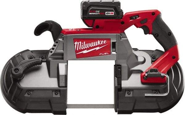 Milwaukee Tool - 18 Volt, 44-7/8" Blade, 380 SFPM Cordless Portable Bandsaw - 5" (Round) & 5 x 5" (Rectangle) Cutting Capacity, Lithium-Ion Battery Included - Americas Tooling