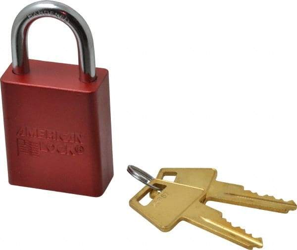 American Lock - Keyed Alike Conductive Lockout Padlock - 1" Shackle Clearance, 1/4" Shackle Diam, 1.8" Body Height x 1-1/2" Body Width, Red, 5 Pins - Americas Tooling