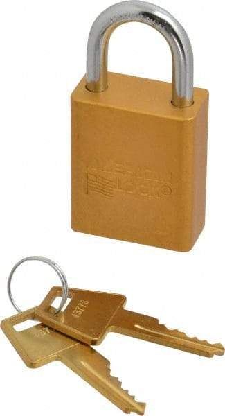 American Lock - Keyed Alike Conductive Lockout Padlock - 1" Shackle Clearance, 1/4" Shackle Diam, 1.8" Body Height x 1-1/2" Body Width, Yellow, 5 Pins - Americas Tooling