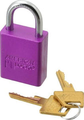 American Lock - Keyed Alike Conductive Lockout Padlock - 1" Shackle Clearance, 1/4" Shackle Diam, 1.8" Body Height x 1-1/2" Body Width, Purple, 5 Pins - Americas Tooling