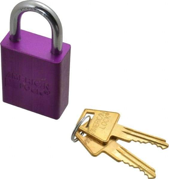 American Lock - Keyed Alike Conductive Lockout Padlock - 1" Shackle Clearance, 1/4" Shackle Diam, 1.8" Body Height x 1-1/2" Body Width, Purple, 5 Pins - Americas Tooling