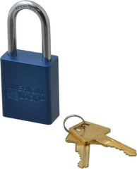 American Lock - Keyed Alike Conductive Lockout Padlock - 1-1/2" Shackle Clearance, 1/4" Shackle Diam, 1.8" Body Height x 1-1/2" Body Width, Blue, 5 Pins - Americas Tooling