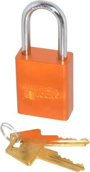 American Lock - Keyed Alike Conductive Lockout Padlock - 1-1/2" Shackle Clearance, 1/4" Shackle Diam, 1.8" Body Height x 1-1/2" Body Width, Orange, 5 Pins - Americas Tooling