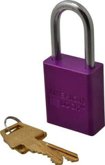 American Lock - Keyed Alike Conductive Lockout Padlock - 1-1/2" Shackle Clearance, 1/4" Shackle Diam, 1.8" Body Height x 1-1/2" Body Width, Purple, 5 Pins - Americas Tooling