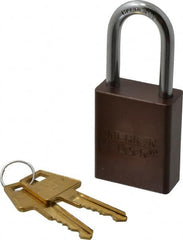 American Lock - Keyed Alike Conductive Lockout Padlock - 1-1/2" Shackle Clearance, 1/4" Shackle Diam, 1.8" Body Height x 1-1/2" Body Width, Brown, 5 Pins - Americas Tooling