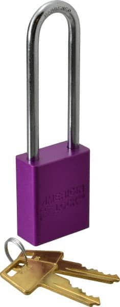 American Lock - Keyed Alike Conductive Lockout Padlock - 3" Shackle Clearance, 1/4" Shackle Diam, 1.8" Body Height x 1-1/2" Body Width, Purple, 5 Pins - Americas Tooling