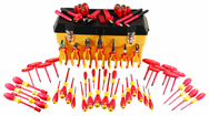 66 Piece - Insulated Tool Set with Pliers; Cutters; Nut Drivers; Screwdrivers; T Handles; Knife; Sockets & 3/8" Drive Ratchet w/Extension; Adjustable Wrench - Americas Tooling