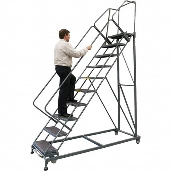 Ballymore - 123" 9 Step Stairway Slope Ladder - 50° Incline, 600 Lb Capacity, 90" Platform Height, 32" Base Width x 82" Base Depth, Expanded Metal Tread - Americas Tooling