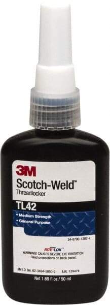 3M - 50 mL Bottle, Blue, Medium Strength Liquid Threadlocker - Series TL42, 24 hr Full Cure Time, Hand Tool Removal - Americas Tooling