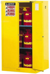 Justrite - 2 Door, 2 Shelf, Yellow Steel Standard Safety Cabinet for Flammable and Combustible Liquids - 65" High x 34" Wide x 34" Deep, Self Closing Door, 3 Point Key Lock, 60 Gal Capacity - Americas Tooling