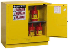 Justrite - 2 Door, 1 Shelf, Yellow Steel Under the Counter Safety Cabinet for Flammable and Combustible Liquids - 35" High x 35" Wide x 22" Deep, Self Closing Door, 22 Gal Capacity - Americas Tooling