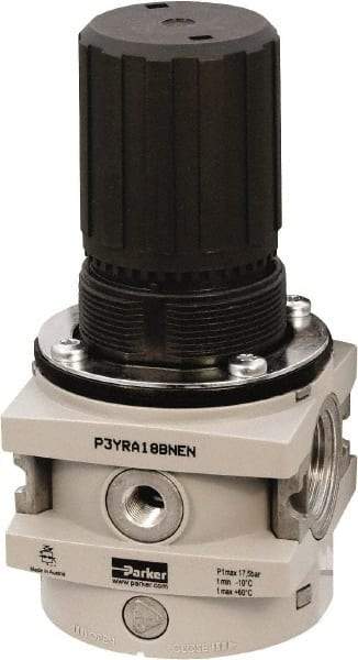 Parker - 1 NPT Port, 550 CFM, Aluminum Hi-Flow Regulator - 0 to 174 psi Range, 254 Max psi Supply Pressure, 1/4" Gauge Port Thread, 3-1/2" Wide x 7.2" High - Americas Tooling