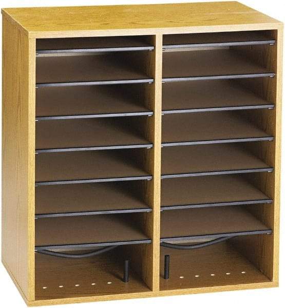 Safco - 19-1/2" Wide x 21" High x 11-3/4" Deep Laminated Compressed Wood Document Organizer - 16 Compartments, Medium Oak, 9" Wide x 2-1/4" High x 11-1/2" Deep Compartment - Americas Tooling