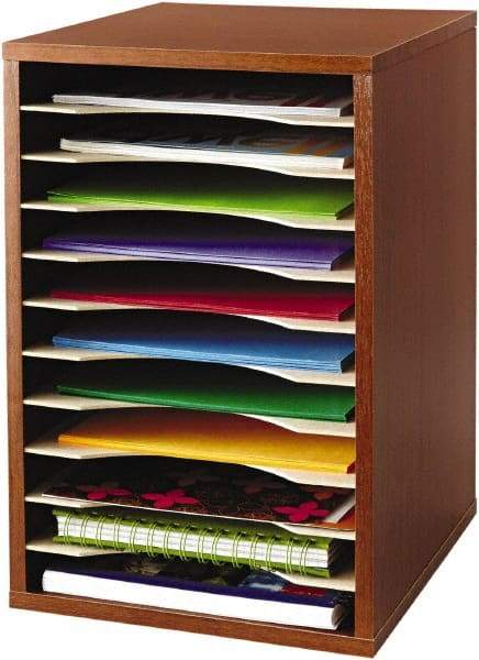 Safco - 10-3/4" Wide x 16" High x 12" Deep Fiberboard, Hardboard & Laminated Compressed Wood Document Organizer - 11 Compartments, Cherry, 9-1/2" Wide x 1-1/4" High x 11-5/8" Deep Compartment - Americas Tooling