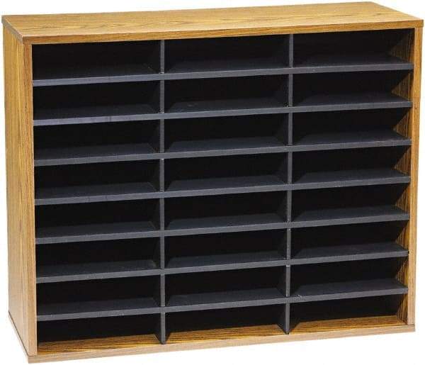 FELLOWES - 29" Wide x 11-7/8" Deep x 23-7/16" High, 24 Compartments, Corrugated Fiberboard & Laminated Literature Organizer - Medium Oak, 9" Compartment Width x 2-1/2" Compartment Depth x 11" Compartment Height - Americas Tooling