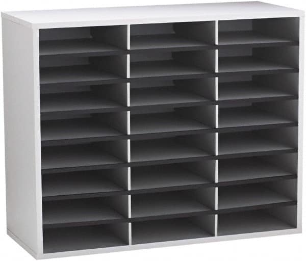 FELLOWES - 29" Wide x 11-7/8" Deep x 23-7/16" High, 24 Compartments, Corrugated Fiberboard & Laminated Literature Organizer - Dove Gray, 9" Compartment Width x 2-1/2" Compartment Depth x 11" Compartment Height - Americas Tooling