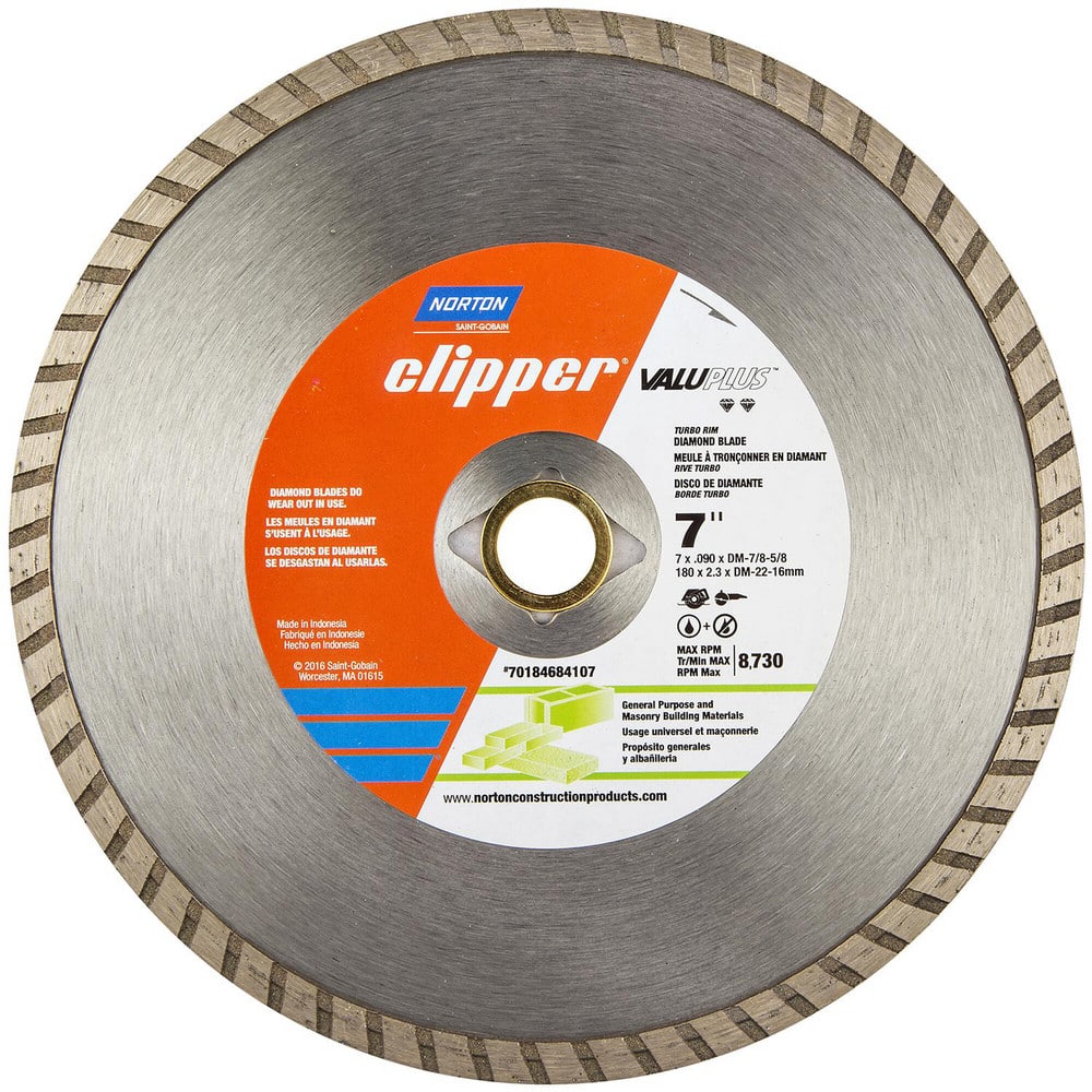 Wet & Dry Cut Saw Blade: 7″ Dia, 7/8 & 5/8″ Arbor Hole, 0.09″ Kerf Width, 1 Teeth High Speed Steel Teeth, Use on Ceramic Tile, Standard Arbor