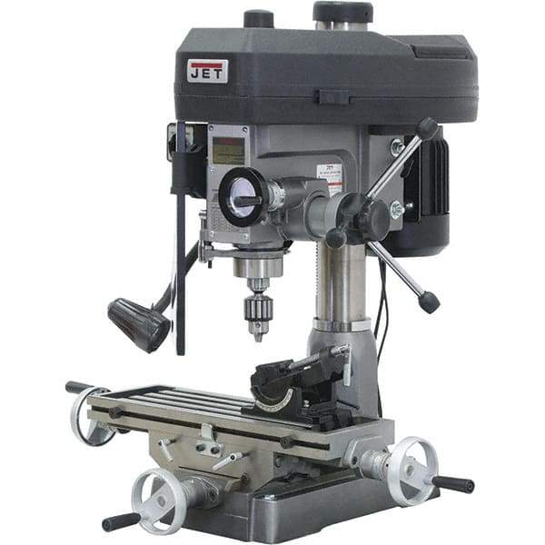 Jet - 1 Phase, 14-1/2" Swing, Step Pulley Mill Drill Combination - 23" Table Length x 7-1/2" Table Width, 14" Longitudinal Travel, 1 hp, 115/230 Volts - Americas Tooling