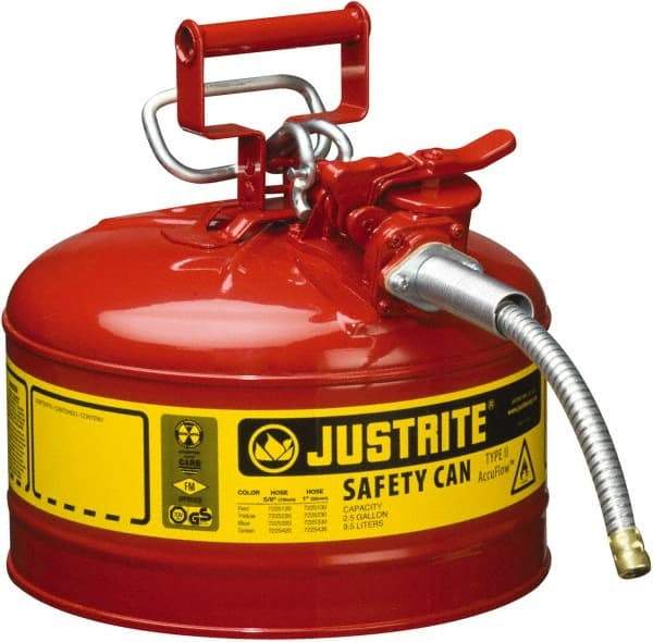 Justrite - 2.5 Gal Galvanized Steel Type II Safety Can - 12" High x 11-3/4" Diam, Red with Yellow - Americas Tooling