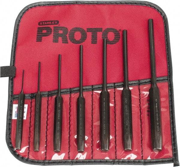 Proto - 7 Piece, 1/16 to 1/4", Pin Punch Set - Hex Shank, Steel, Comes in Tool Roll - Americas Tooling