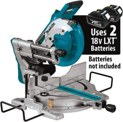 Makita - 36 Amp, 18 Volt, 4,400 RPM, 60° Double Bevel Sliding Miter Saw - 5/8" Arbor, 10" Blade Diam, Includes Vertical Vise, Dust Bag, Triangular Rule, Hex Wrench & 10" x 5/8" 40T Micro-Polished Miter Saw Blade - Americas Tooling