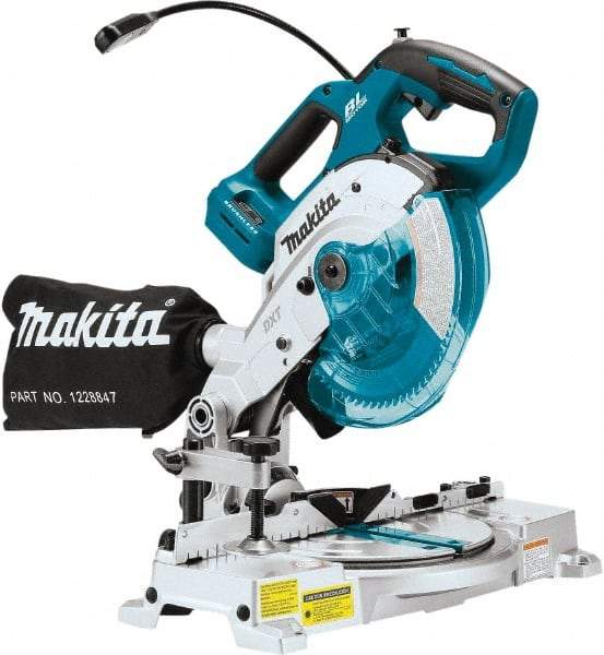 Makita - 36 Amp, 18 Volt, 5,000 RPM, 52° Double Bevel Miter Saw - 5/8" Arbor, 6-1/2" Blade Diam, Includes Triangular Rule, Vertical Vise, Dust Bag, (1) 6-1/2" x 5/8" 64T Micro-Polished Miter Saw Blade & Hex Wrench - Americas Tooling