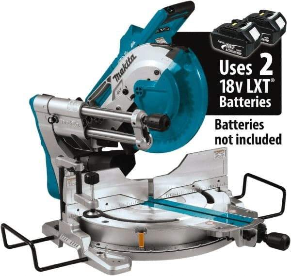 Makita - 36 Amp, 18 Volt, 4,400 RPM, 60° Double Bevel Sliding Miter Saw - 5/8" Arbor, 10" Blade Diam, Includes Vertical Vise, Triangular Rule, Dust Bag, Hex Wrench, 10" x 5/8" 40T Micro-Polished Miter Saw Blade & Wireless Unit - Americas Tooling